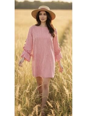 SARA CAMPBELL Women’s 3/4 Ruffle Sleeve Cotton Blend Dress In Coral Stripe-Large